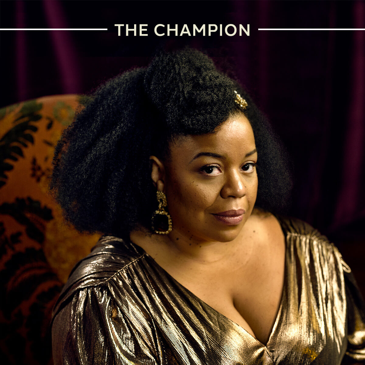 Text reads The Champion over a woman looking confidently into camera