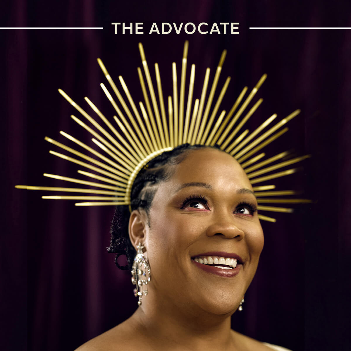 Text reads The Advocate, above a woman wearing a crown