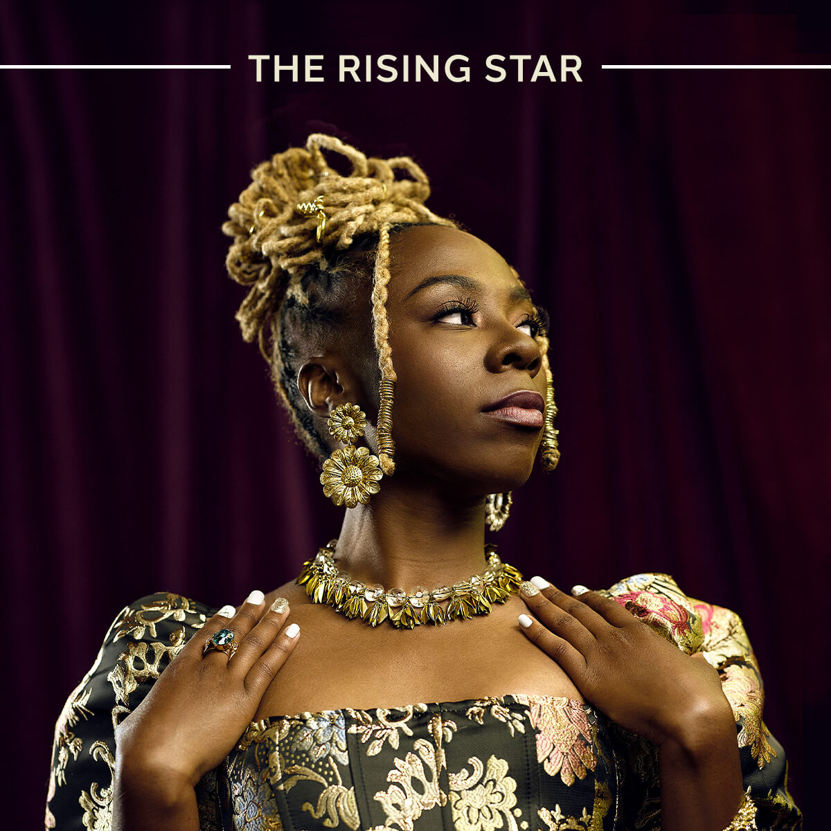 Text reads The Rising Star over a woman looking confidently into camera