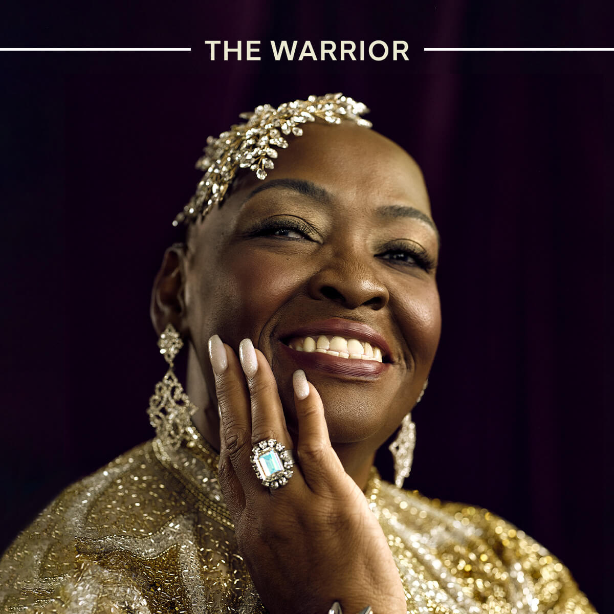 Text reads The Warrior over a woman looking confidently into camera