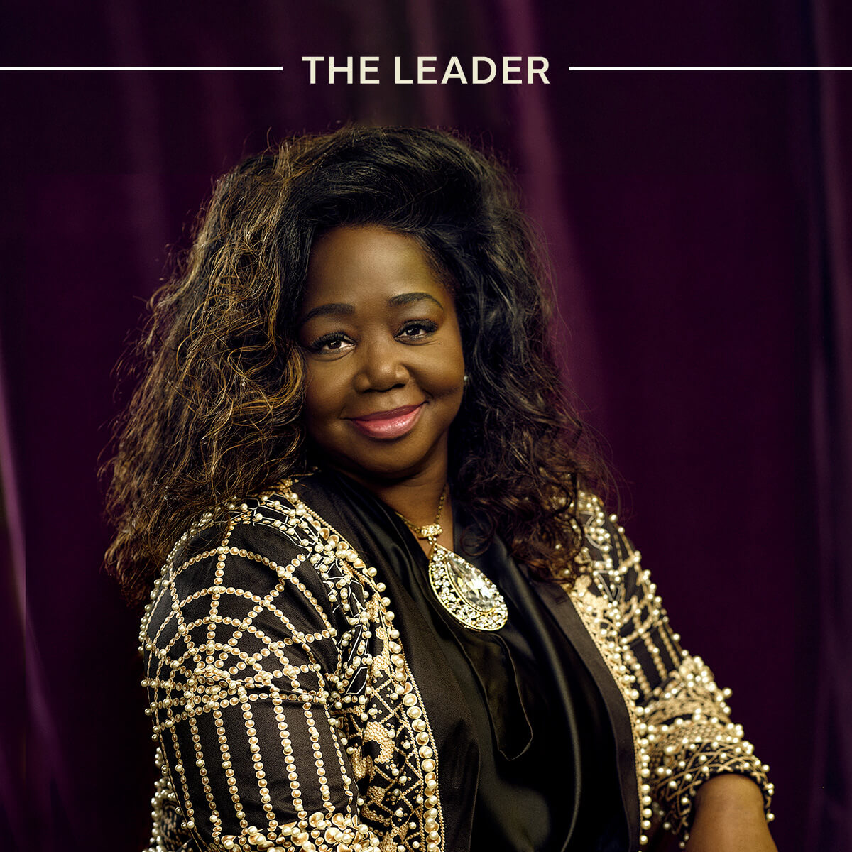 Text reads The Leader over a woman looking confidently into camera