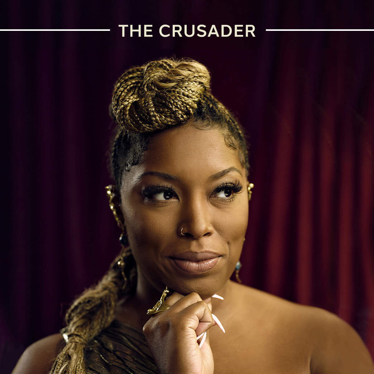 Text reads The Crusader over a woman looking confidently into camera